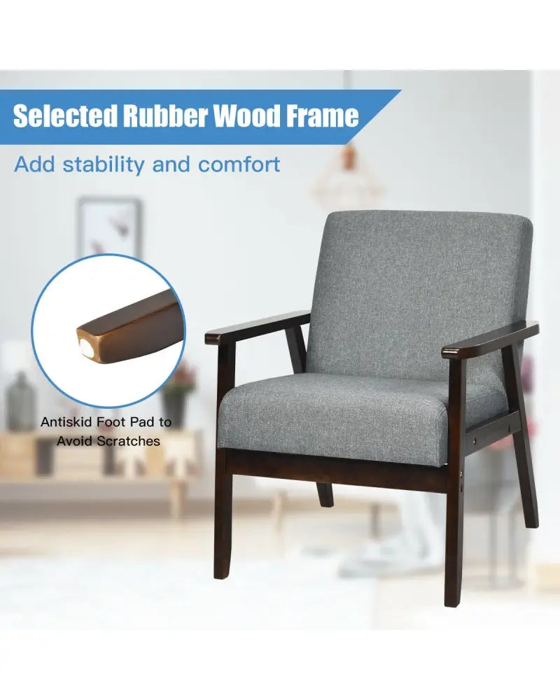 Solid Rubber Wood Fabric Accent Armchair for Living Room-Gray - Gray - Accent Chairs