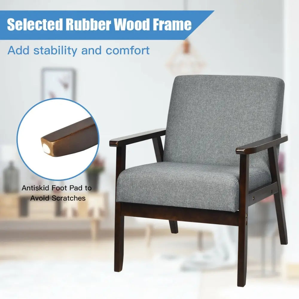 Solid Rubber Wood Fabric Accent Armchair for Living Room-Gray - Gray - Accent Chairs