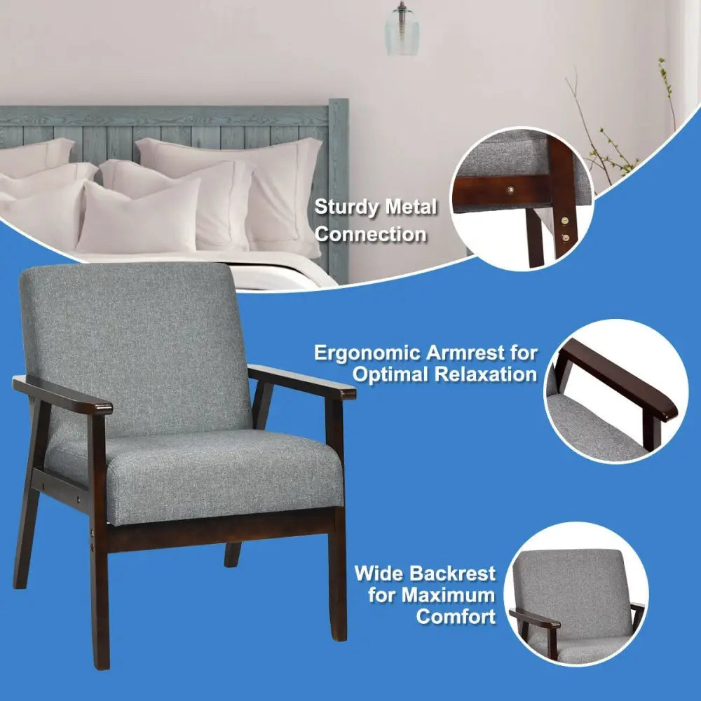 Solid Rubber Wood Fabric Accent Armchair for Living Room-Gray - Gray - Accent Chairs