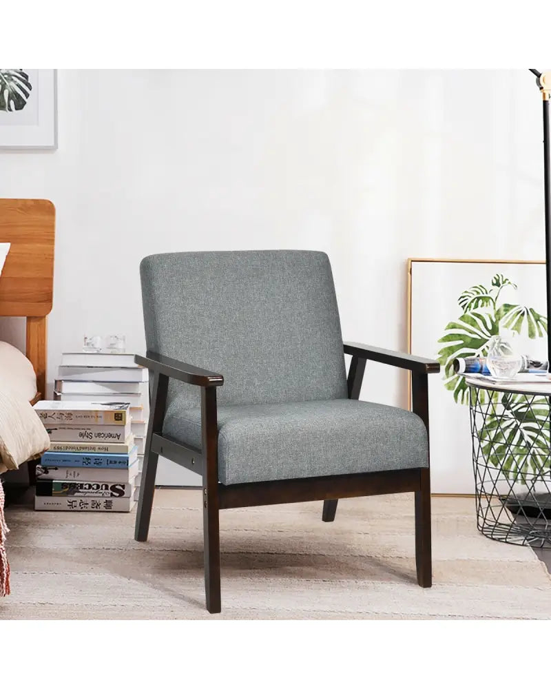 Solid Rubber Wood Fabric Accent Armchair for Living Room-Gray - Gray - Accent Chairs