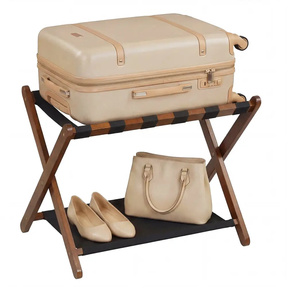 Solid Rubberwood Folding Luggage Rack with Nylon Shelves-Brown - Black & Brown - Shoe Racks & Storage Benches