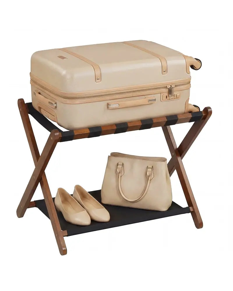 Solid Rubberwood Folding Luggage Rack with Nylon Shelves-Brown - Black & Brown - Shoe Racks & Storage Benches