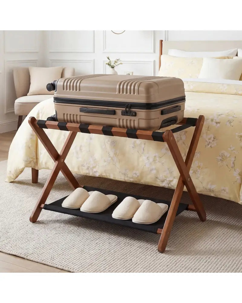 Solid Rubberwood Folding Luggage Rack with Nylon Shelves-Brown - Black & Brown - Shoe Racks & Storage Benches