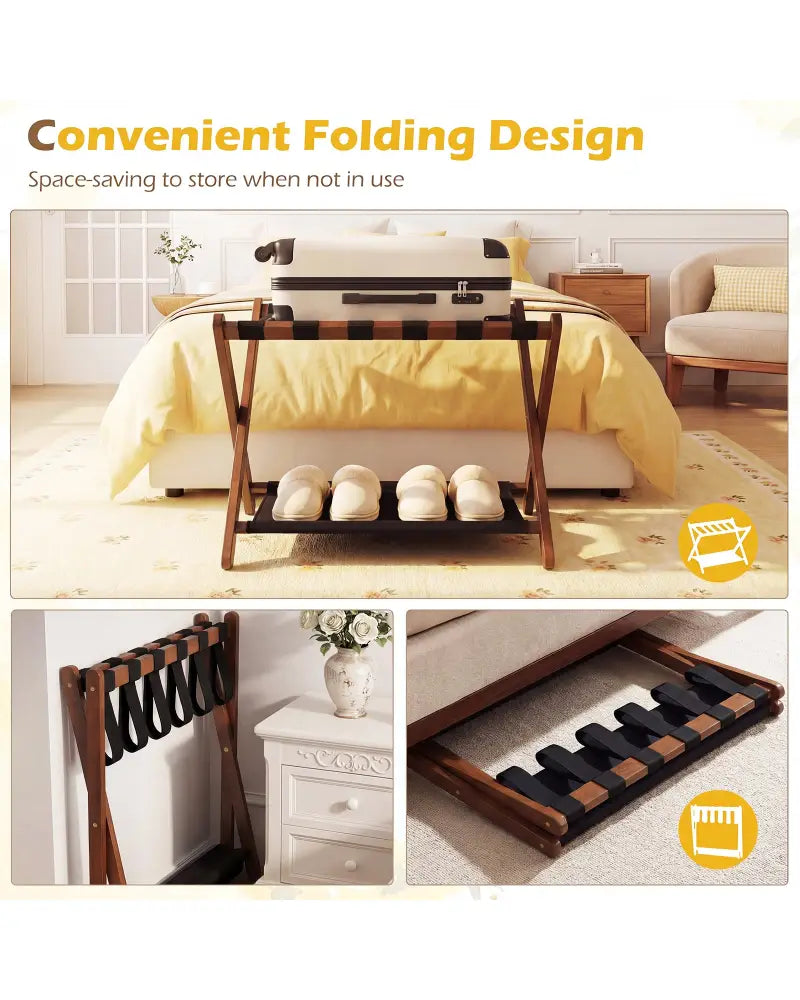 Solid Rubberwood Folding Luggage Rack with Nylon Shelves-Brown - Black & Brown - Shoe Racks & Storage Benches