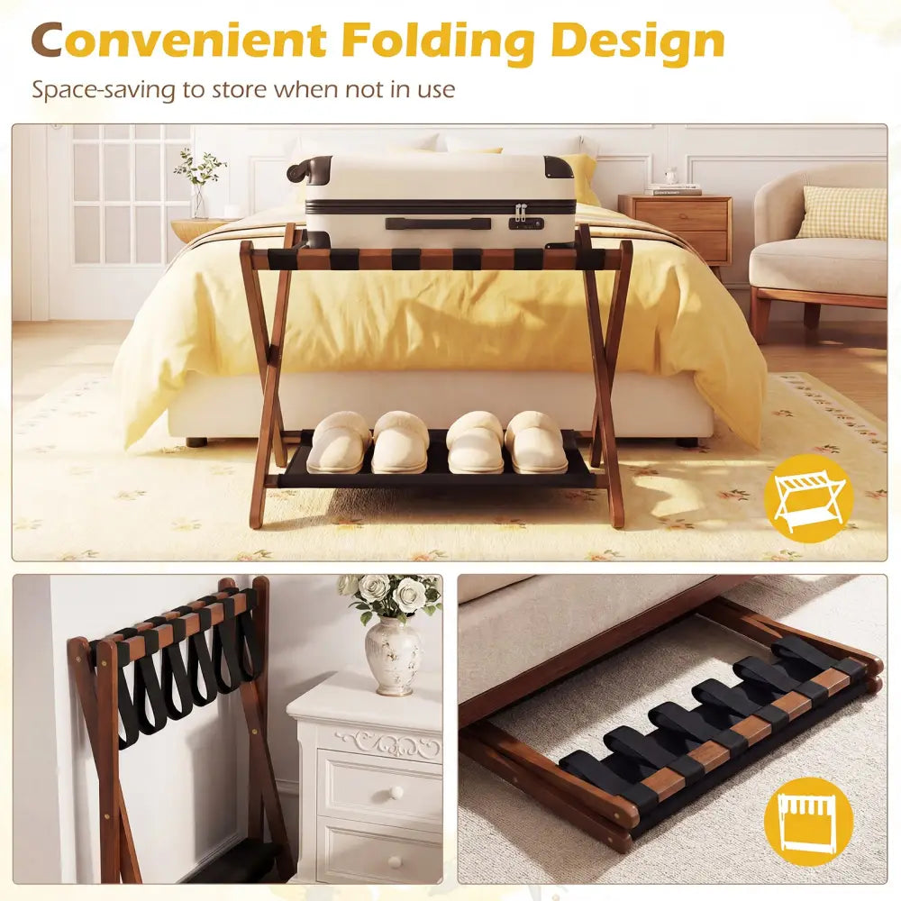 Solid Rubberwood Folding Luggage Rack with Nylon Shelves-Brown - Black & Brown - Shoe Racks & Storage Benches