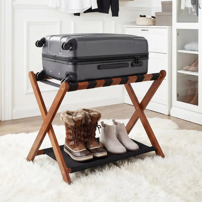 Solid Rubberwood Folding Luggage Rack with Nylon Shelves-Brown - Black & Brown - Shoe Racks & Storage Benches