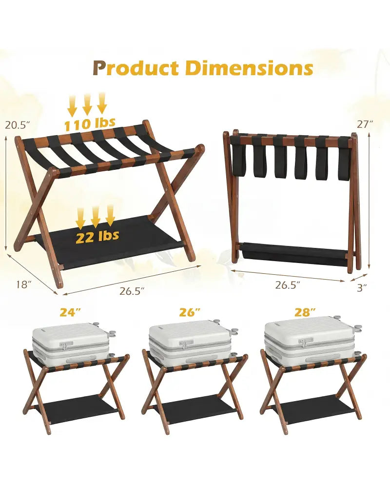 Solid Rubberwood Folding Luggage Rack with Nylon Shelves-Brown - Black & Brown - Shoe Racks & Storage Benches