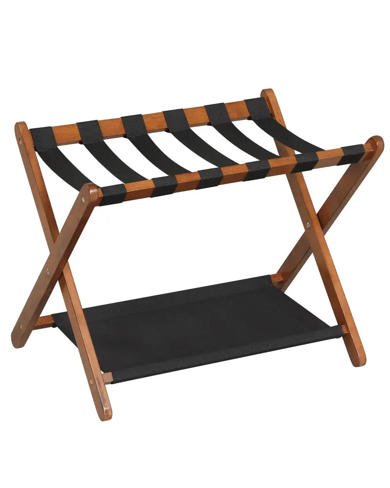 Solid Rubberwood Folding Luggage Rack with Nylon Shelves-Brown - Black & Brown - Shoe Racks & Storage Benches