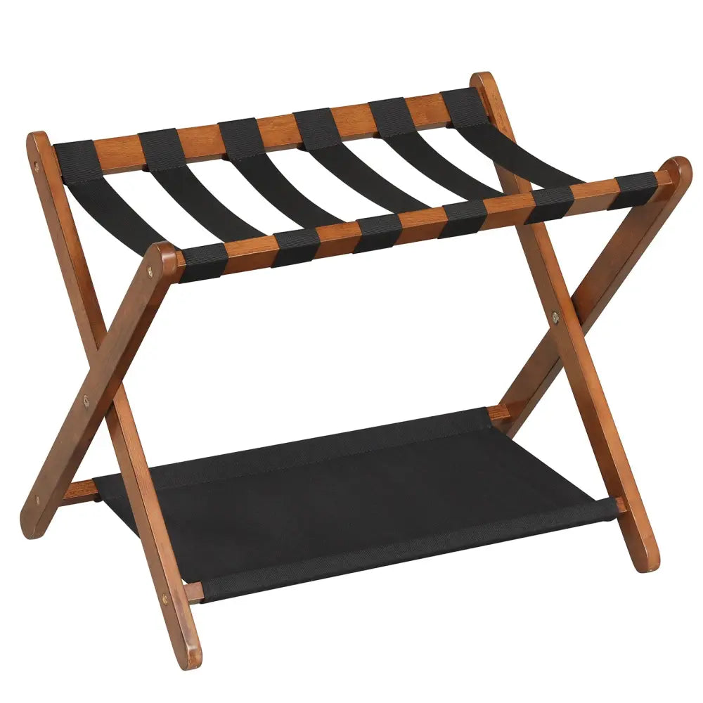 Solid Rubberwood Folding Luggage Rack with Nylon Shelves-Brown - Black & Brown - Shoe Racks & Storage Benches