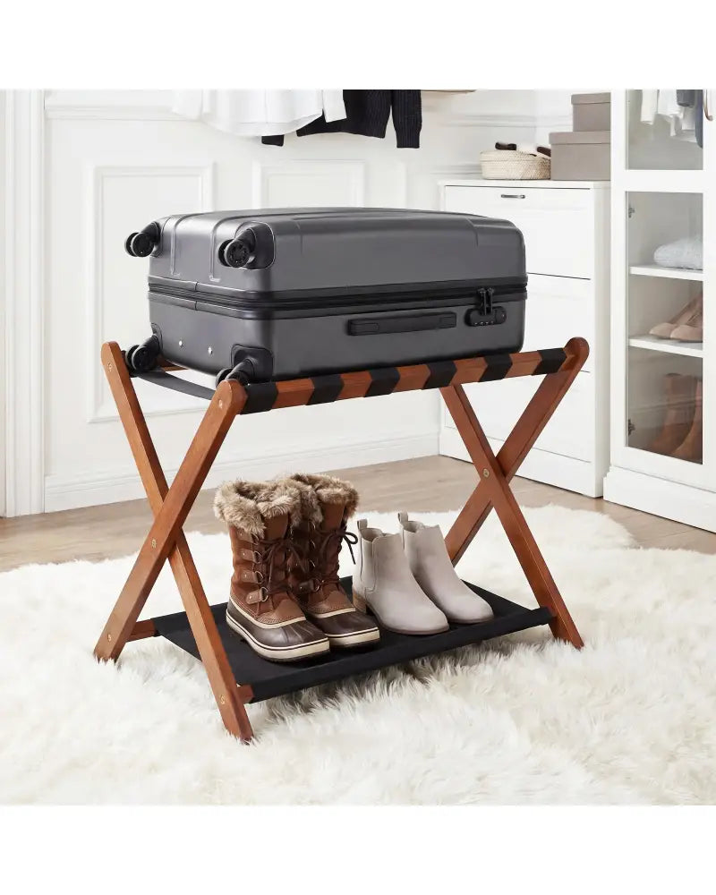 Solid Rubberwood Folding Luggage Rack with Nylon Shelves-Brown - Black & Brown - Shoe Racks & Storage Benches