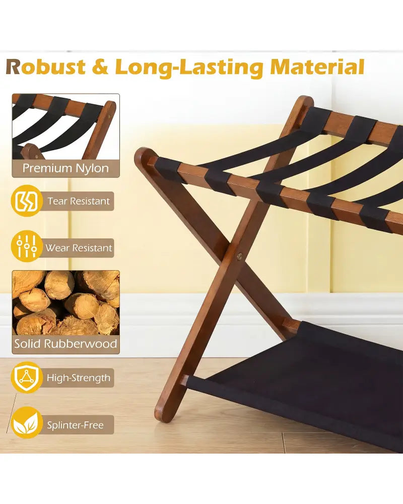 Solid Rubberwood Folding Luggage Rack with Nylon Shelves-Brown - Black & Brown - Shoe Racks & Storage Benches