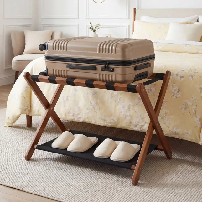 Solid Rubberwood Folding Luggage Rack with Nylon Shelves-Brown - Black & Brown - Shoe Racks & Storage Benches