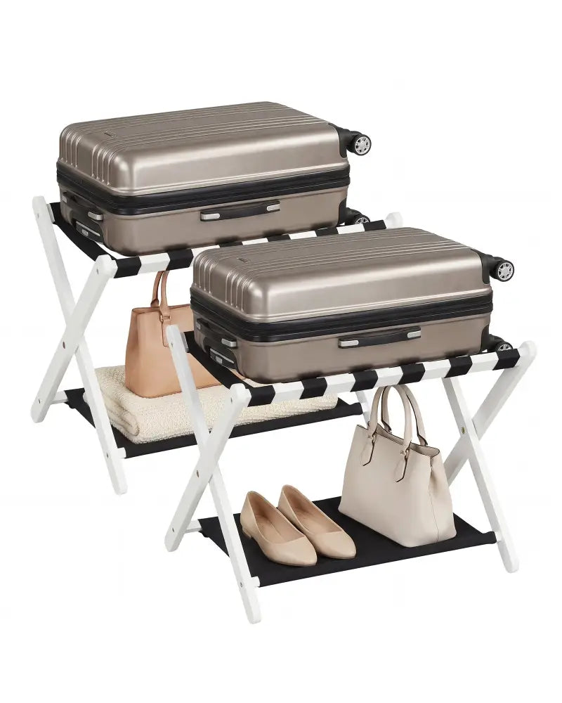 Solid Rubberwood Folding Luggage Rack with Nylon Shelves Set of 2-White - Black & White - Shoe Racks & Storage Benches