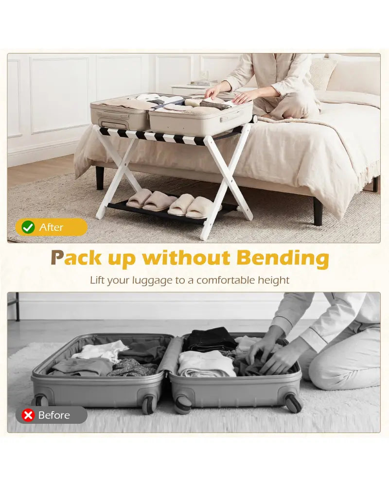 Solid Rubberwood Folding Luggage Rack with Nylon Shelves Set of 2-White - Black & White - Shoe Racks & Storage Benches