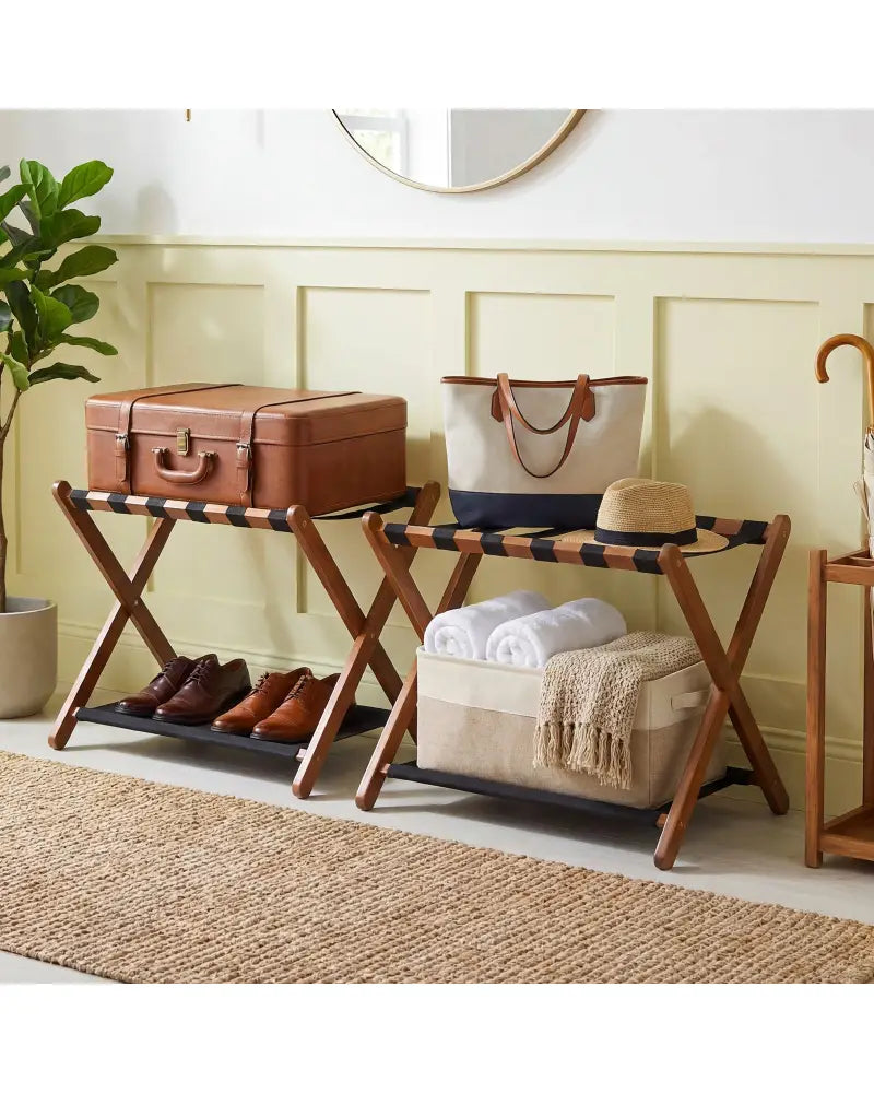 Solid Rubberwood Folding Luggage Rack with Nylon Shelves Set of 2-Brown - Shoe Racks & Storage Benches