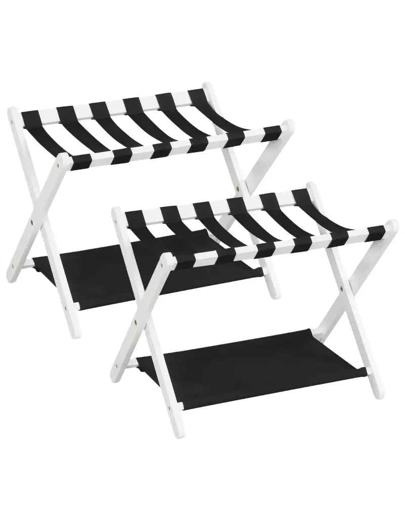 Solid Rubberwood Folding Luggage Rack with Nylon Shelves Set of 2-White - Black & White - Shoe Racks & Storage Benches