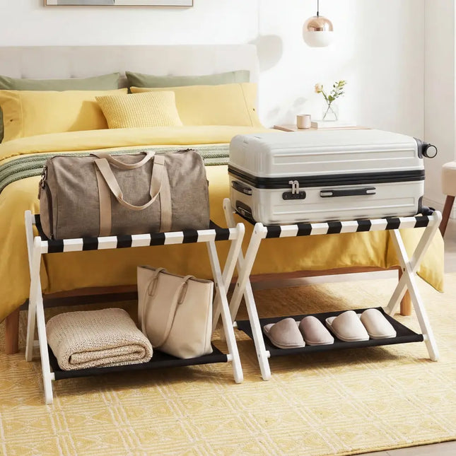 Solid Rubberwood Folding Luggage Rack with Nylon Shelves Set of 2-White - Black & White - Shoe Racks & Storage Benches