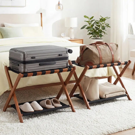 Solid Rubberwood Folding Luggage Rack with Nylon Shelves Set of 2-Brown - Shoe Racks & Storage Benches