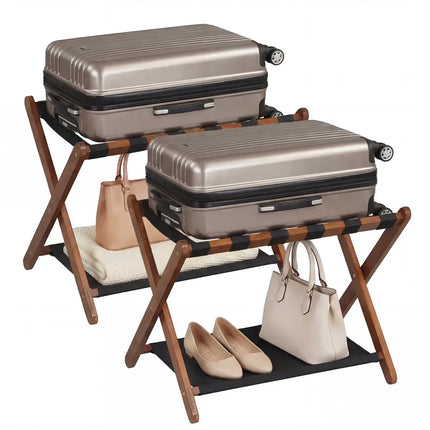 Solid Rubberwood Folding Luggage Rack with Nylon Shelves Set of 2-Brown - Shoe Racks & Storage Benches