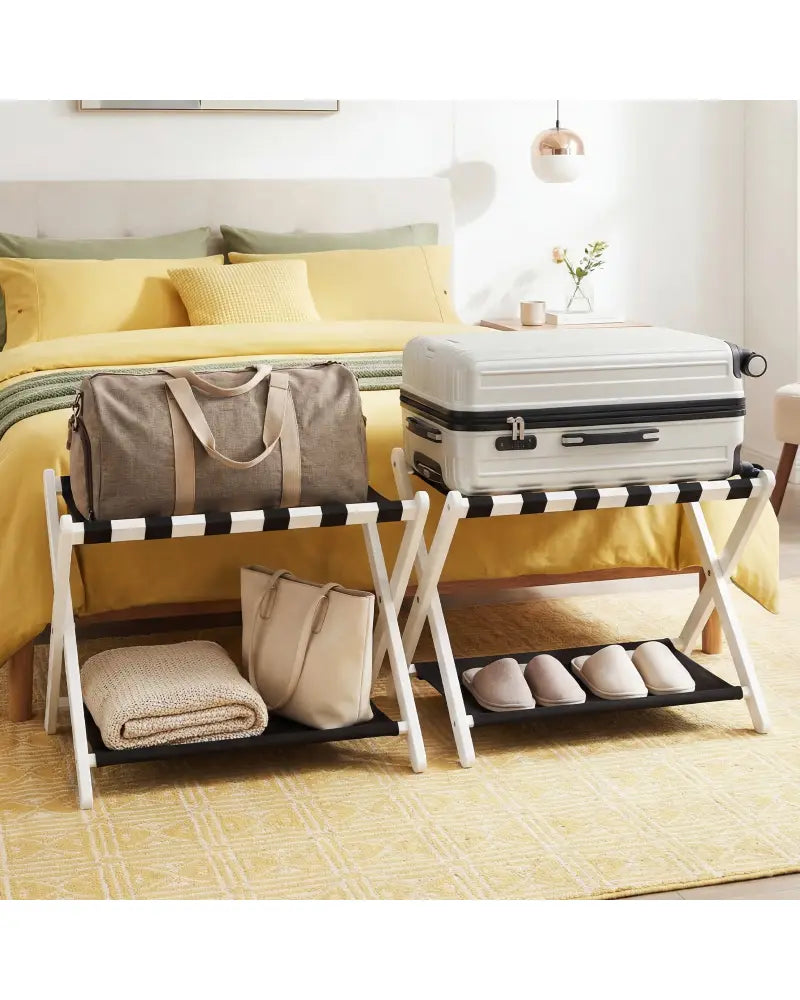 Solid Rubberwood Folding Luggage Rack with Nylon Shelves Set of 2-White - Black & White - Shoe Racks & Storage Benches