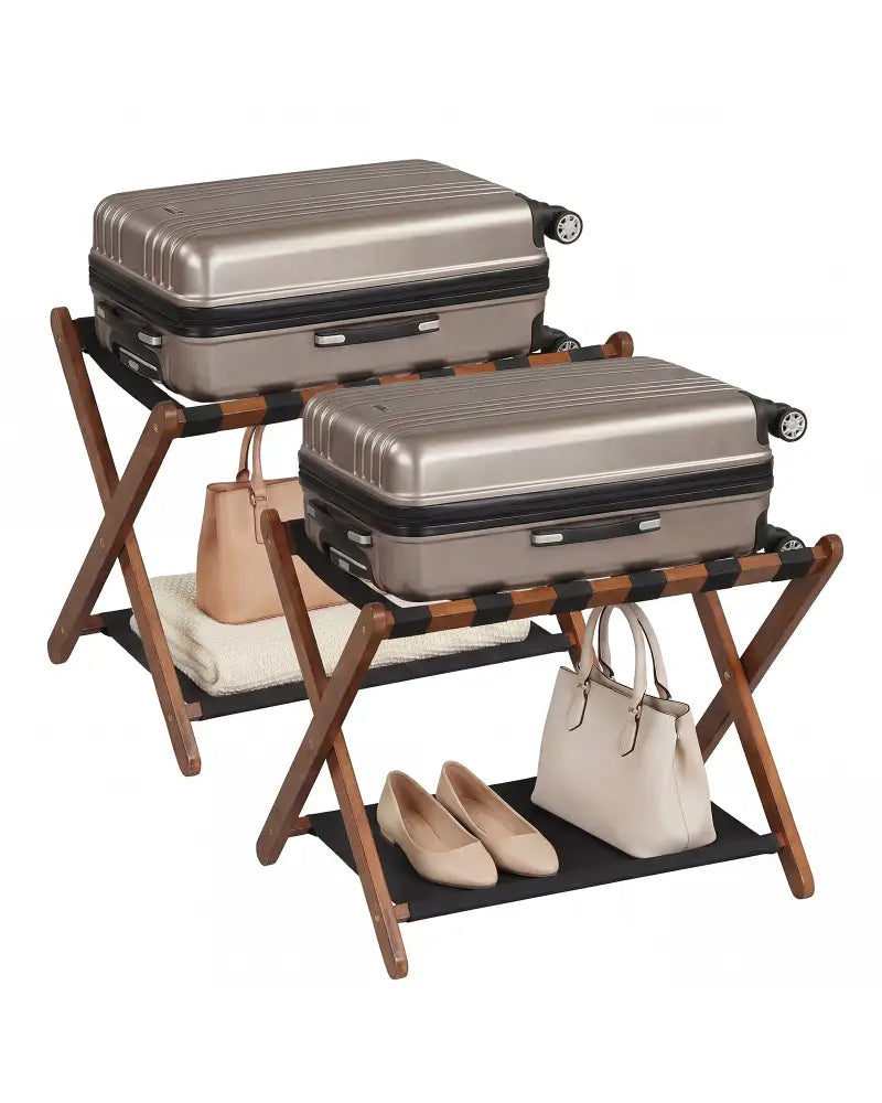 Solid Rubberwood Folding Luggage Rack with Nylon Shelves Set of 2-Brown - Shoe Racks & Storage Benches