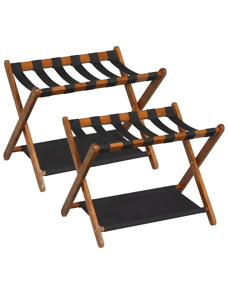 Solid Rubberwood Folding Luggage Rack with Nylon Shelves Set of 2-Brown - Shoe Racks & Storage Benches