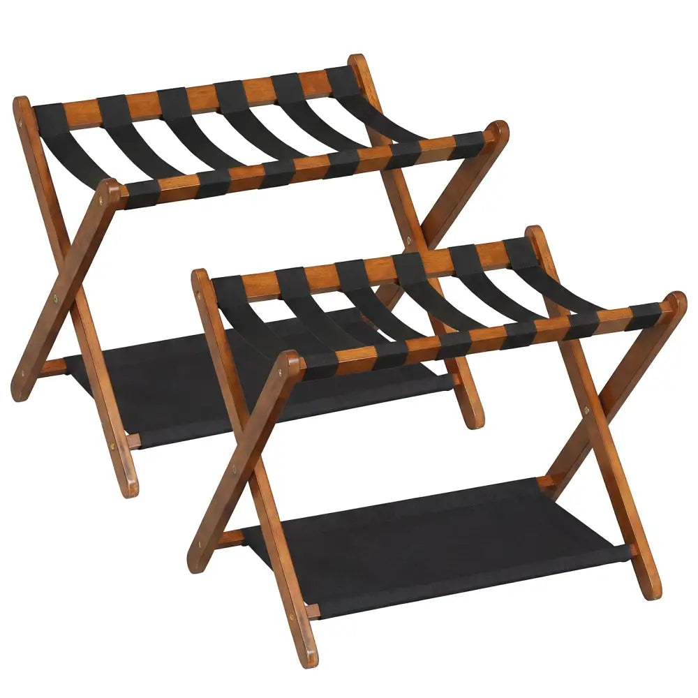 Solid Rubberwood Folding Luggage Rack with Nylon Shelves Set of 2-Brown - Shoe Racks & Storage Benches