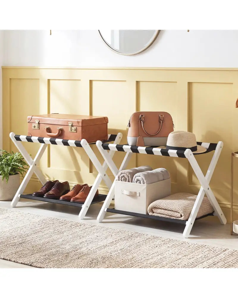 Solid Rubberwood Folding Luggage Rack with Nylon Shelves Set of 2-White - Black & White - Shoe Racks & Storage Benches