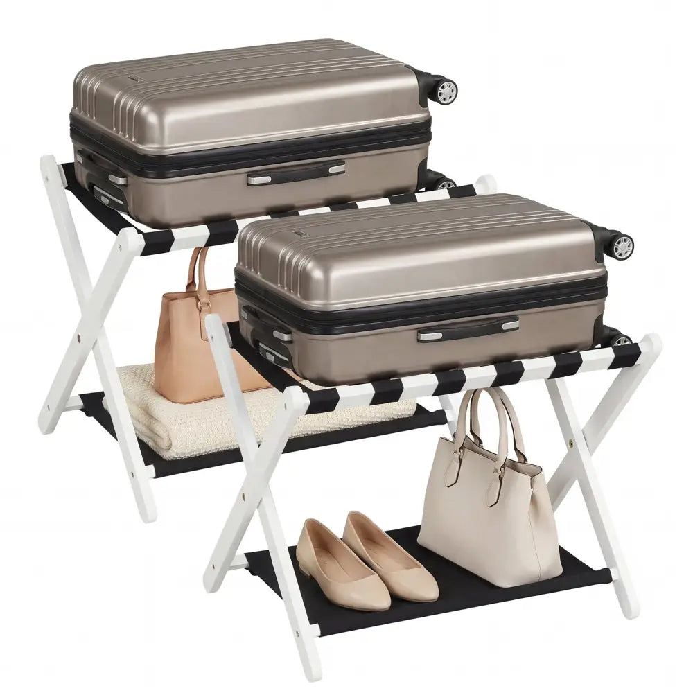 Solid Rubberwood Folding Luggage Rack with Nylon Shelves Set of 2-White - Black & White - Shoe Racks & Storage Benches