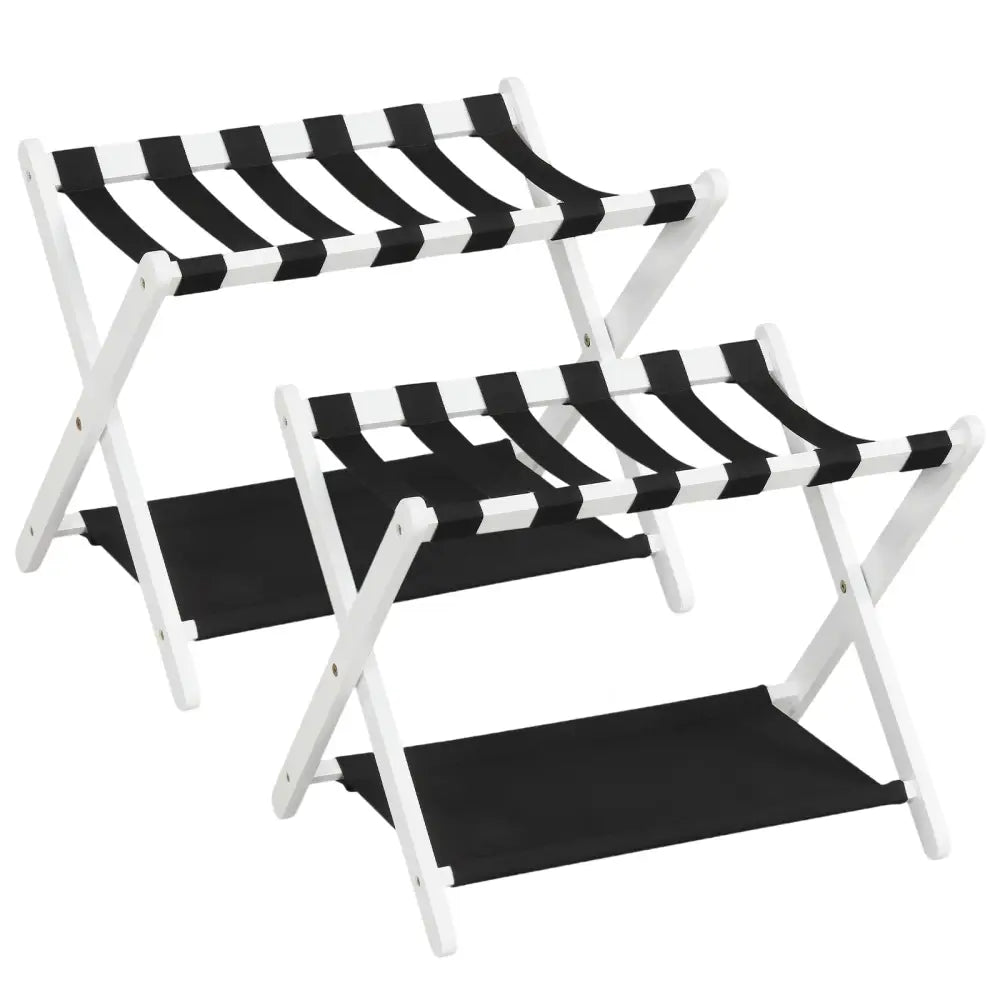 Solid Rubberwood Folding Luggage Rack with Nylon Shelves Set of 2-White - Black & White - Shoe Racks & Storage Benches