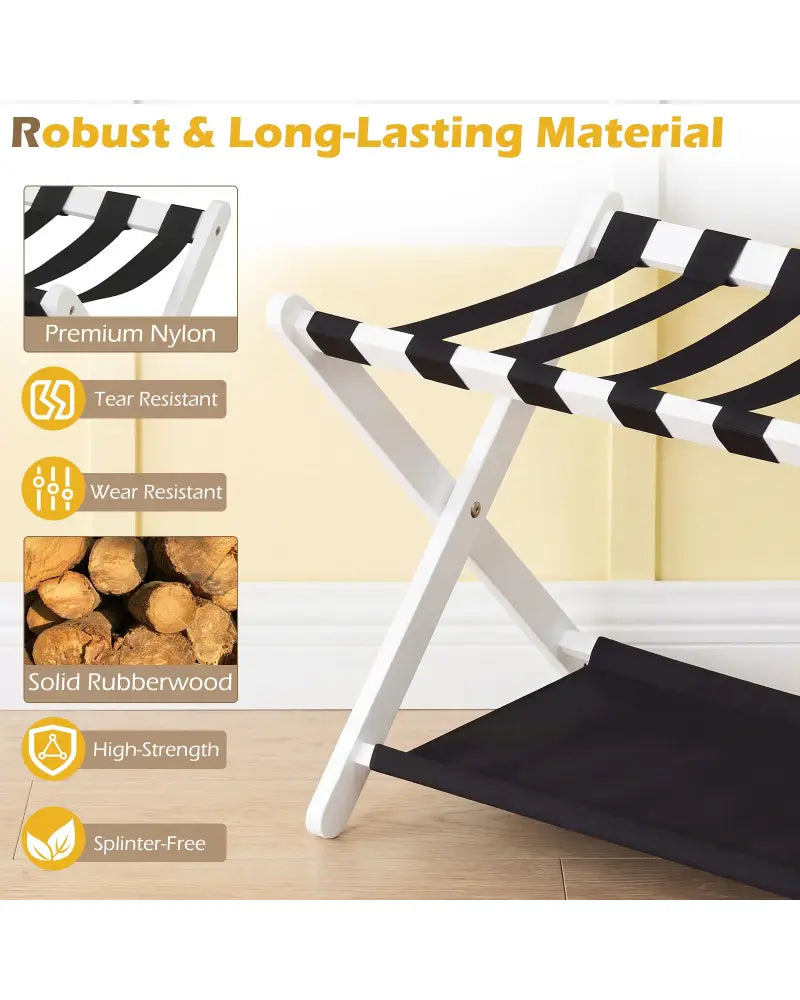 Solid Rubberwood Folding Luggage Rack with Nylon Shelves Set of 2-White - Black & White - Shoe Racks & Storage Benches