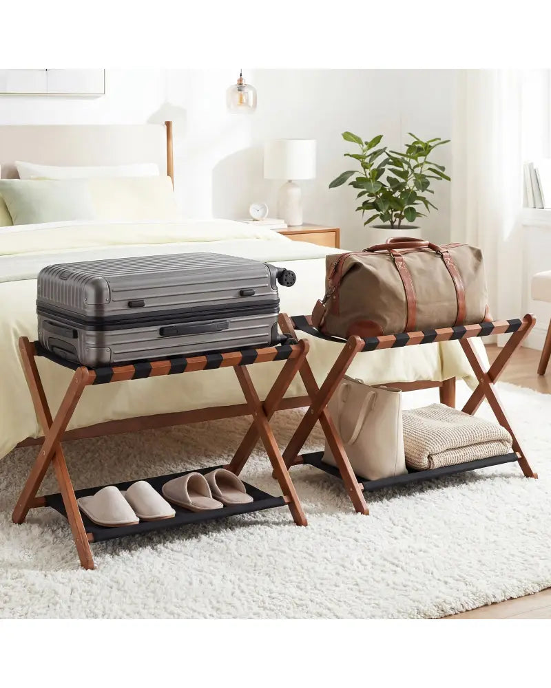 Solid Rubberwood Folding Luggage Rack with Nylon Shelves Set of 2-Brown - Shoe Racks & Storage Benches