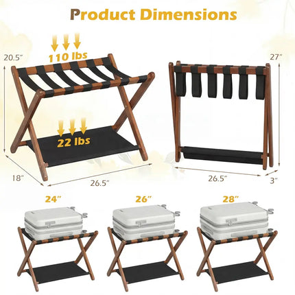 Solid Rubberwood Folding Luggage Rack with Nylon Shelves Set of 2-Brown - Shoe Racks & Storage Benches