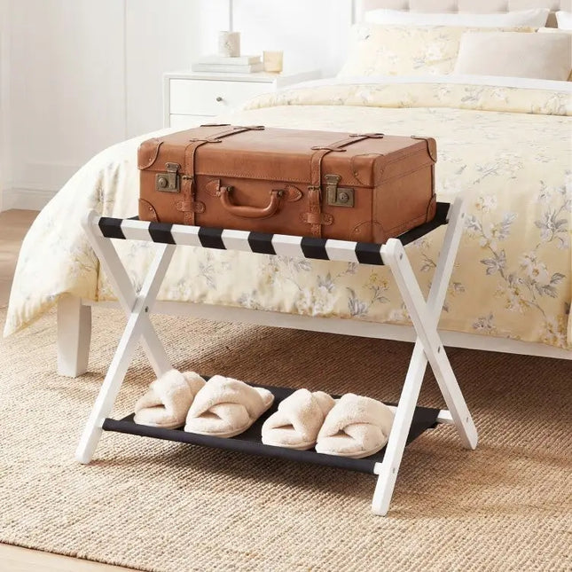 Solid Rubberwood Folding Luggage Rack with Nylon Shelves-White - Black & White - Shoe Racks & Storage Benches