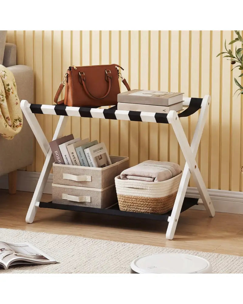 Solid Rubberwood Folding Luggage Rack with Nylon Shelves-White - Black & White - Shoe Racks & Storage Benches