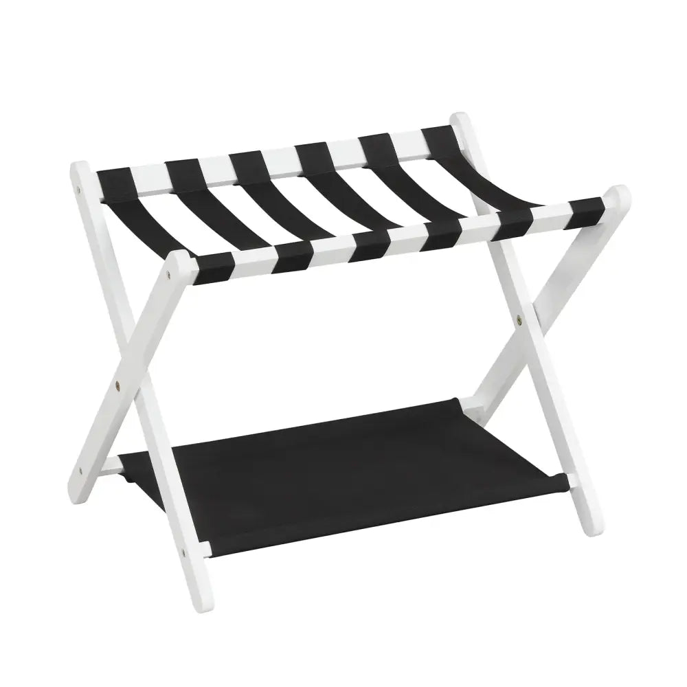 Solid Rubberwood Folding Luggage Rack with Nylon Shelves-White - Black & White - Shoe Racks & Storage Benches