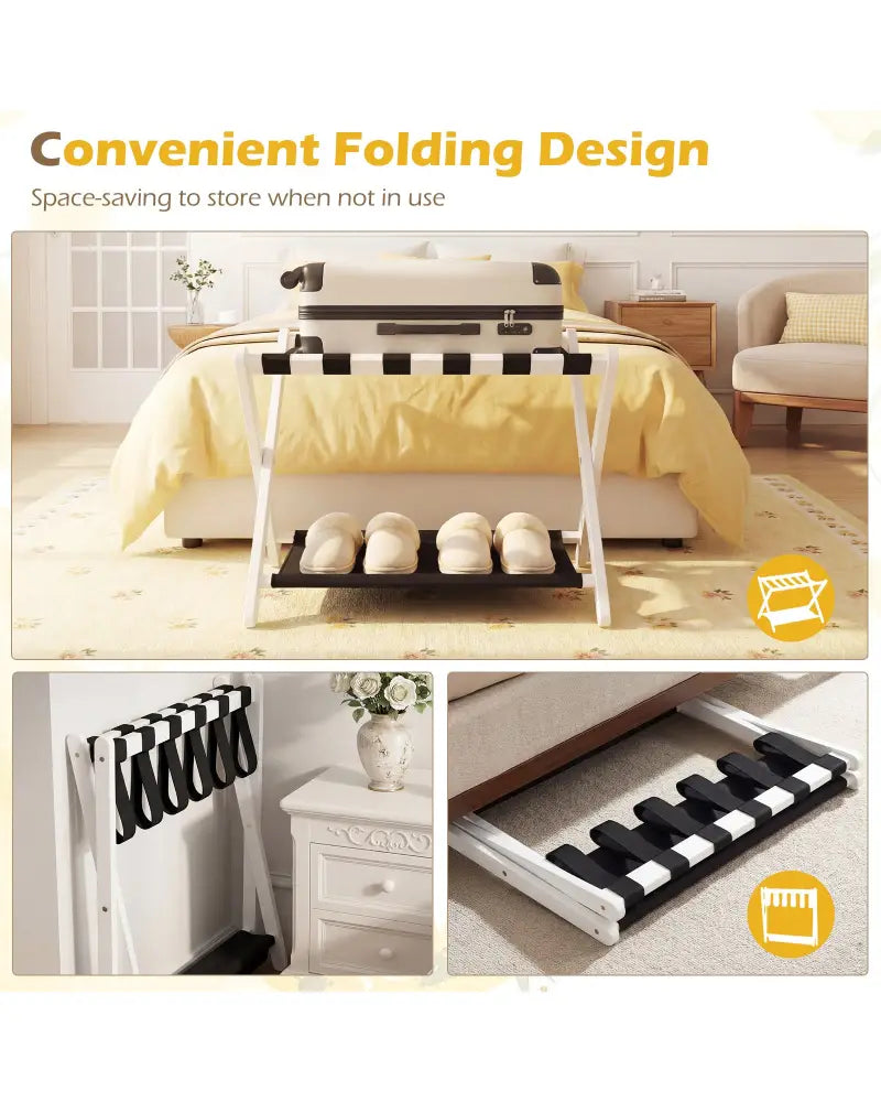 Solid Rubberwood Folding Luggage Rack with Nylon Shelves-White - Black & White - Shoe Racks & Storage Benches