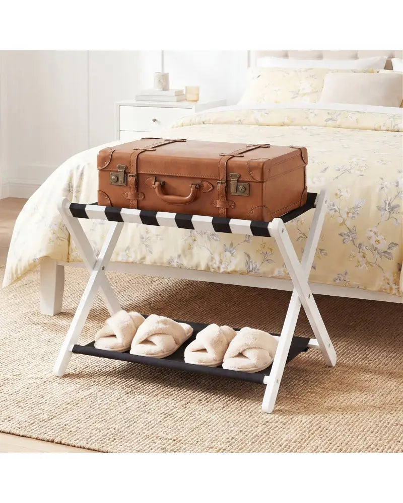 Solid Rubberwood Folding Luggage Rack with Nylon Shelves-White - Black & White - Shoe Racks & Storage Benches
