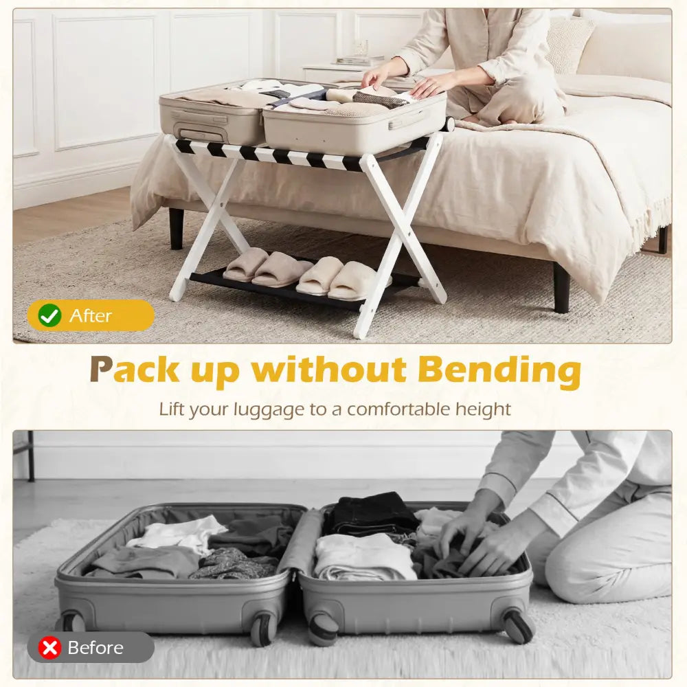 Solid Rubberwood Folding Luggage Rack with Nylon Shelves-White - Black & White - Shoe Racks & Storage Benches