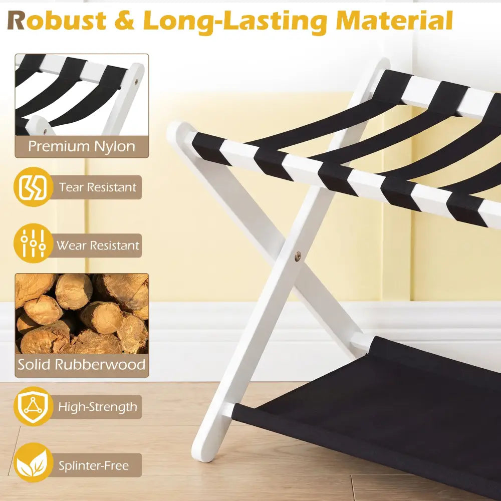 Solid Rubberwood Folding Luggage Rack with Nylon Shelves-White - Black & White - Shoe Racks & Storage Benches