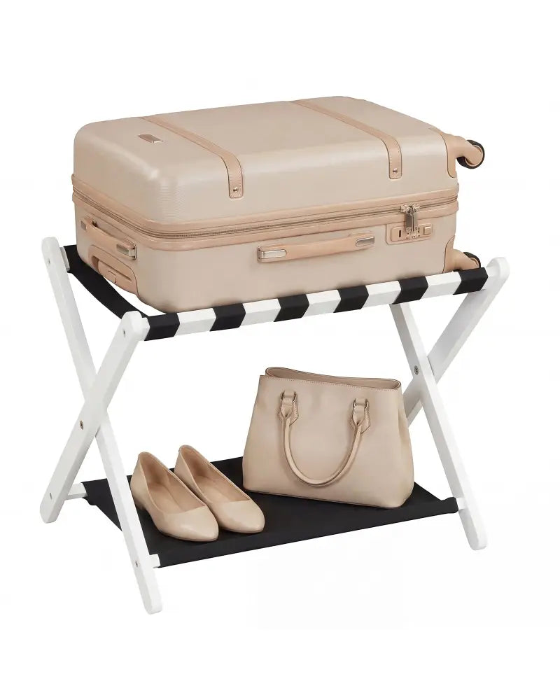 Solid Rubberwood Folding Luggage Rack with Nylon Shelves-White - Black & White - Shoe Racks & Storage Benches