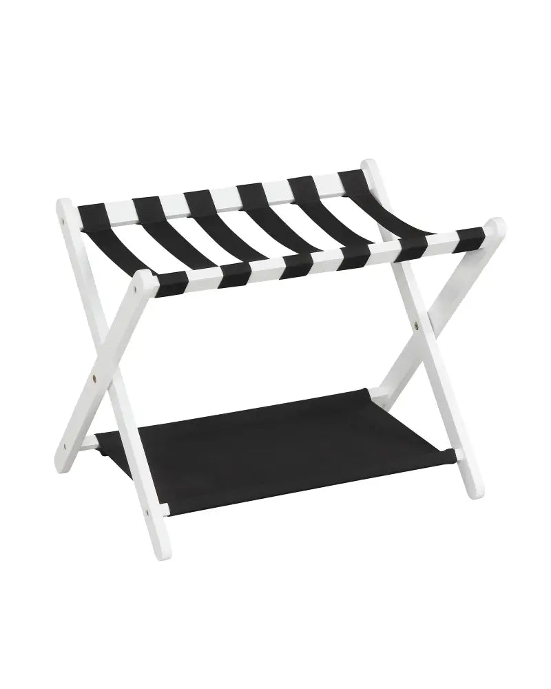 Solid Rubberwood Folding Luggage Rack with Nylon Shelves-White - Black & White - Shoe Racks & Storage Benches