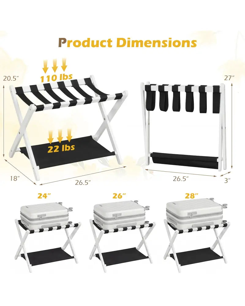 Solid Rubberwood Folding Luggage Rack with Nylon Shelves-White - Black & White - Shoe Racks & Storage Benches