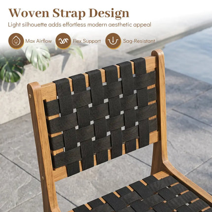 Solid Teak Hand-Woven Strap Outdoor Dining Chair with Flex Support for Deck Garden - Patio Dining Chairs
