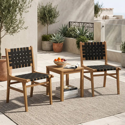 Solid Teak Hand-Woven Strap Outdoor Dining Chair with Flex Support for Deck Garden - Patio Dining Chairs