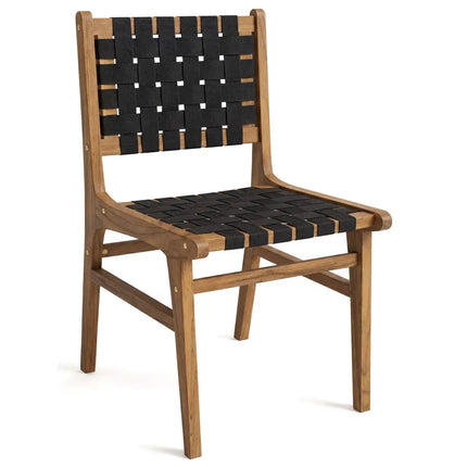 Solid Teak Hand-Woven Strap Outdoor Dining Chair with Flex Support for Deck Garden - Patio Dining Chairs