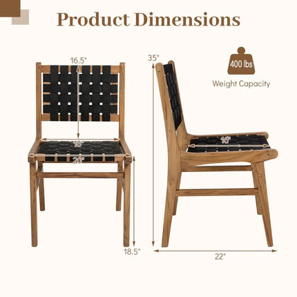 Solid Teak Hand-Woven Strap Outdoor Dining Chair with Flex Support for Deck Garden - Patio Dining Chairs