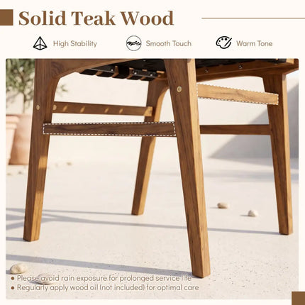 Solid Teak Hand-Woven Strap Outdoor Dining Chair with Flex Support for Deck Garden - Patio Dining Chairs