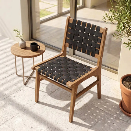 Solid Teak Hand-Woven Strap Outdoor Dining Chair with Flex Support for Deck Garden - Patio Dining Chairs