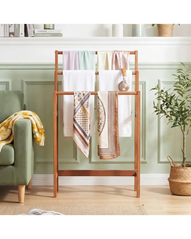 Solid Wood 3-Tier Freestanding Towel Rack with Teak Oil Finish - Natural - Towel Racks
